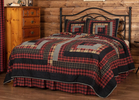 Cumberland King Quilt Set- 1 Quilt and 2 shams. features chili pepper reds, caviar blacks, and natural tans with large log cabin blocks with plaid and chambray. Visit website for FREE s/h & discount offers. Rustic Primitive Country Farmhouse Bedding Home Decor