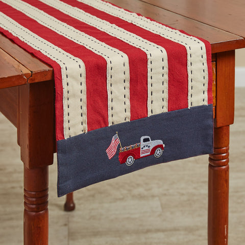 This Star Spangled Truck Table Runner will stylishly help you display your love for your country! Add to your festive decor for a complete patriotic look! Features red and white stripes down the middle with a Patriotic truck set on the blue ends.  DIMENSIONS: 14" X 42"