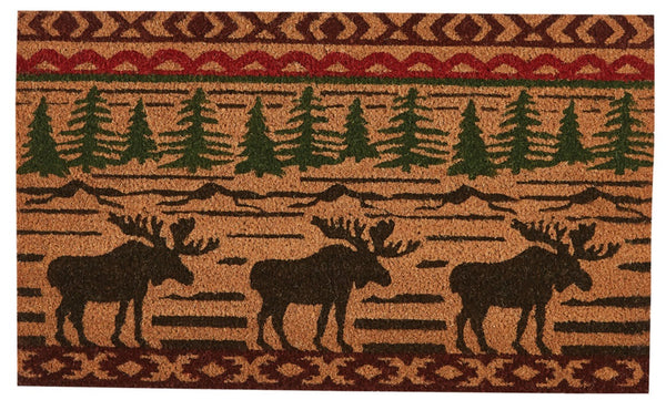 Enter the home in cozy, warm ambiance with the welcoming Moose Welcome Doormat. Our rug captures the look that lovers of log cabin living truly relish with beautiful chili pepper red, caviar black, and pine green. The stenciled silhouettes of a moose and cedar trees add a woodsy feeling to this 18x30 rectangular rug. Made from natural fibers, hand printed with colorfast non-toxic dyes. Durable, mildew and skid resistant.