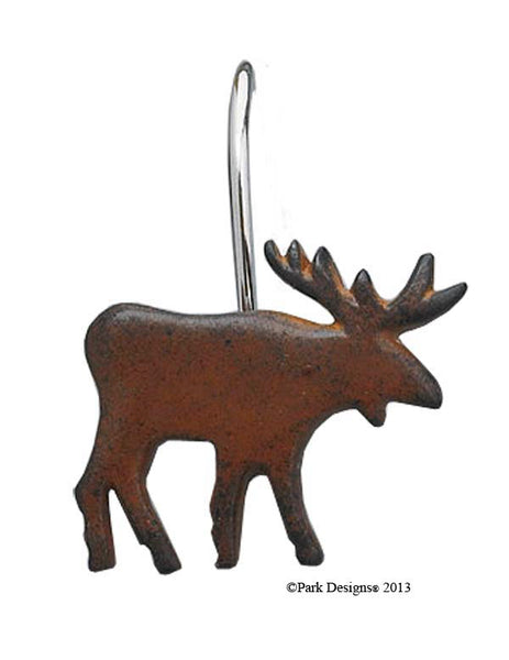 Let a bit of the wilderness into your country bathroom! The Moose Shower Curtain Hooks have a burl-like, brownstone brown finish. These are the perfect accessory for your country primitive shower curtain!