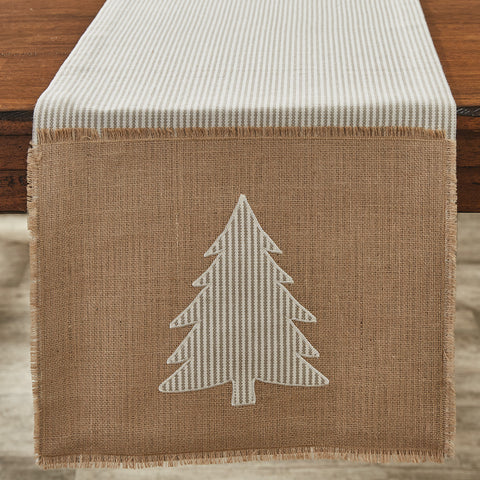 Wintery white and tan stripe is paired with soft burlap and pine tree to give the Modern Farmhouse Christmas Table Runner a Christmas inspired look for your modern Christmas table decor. Finished with fringed edges to add a rough spun look of authenticity. 100% cotton.