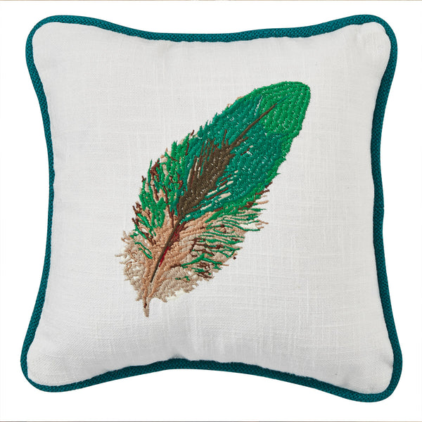 Add a gorgeous accent to your country home with the Pheasant Run Embroidered Pillow! Featuring a colorful pheasant feathers on a white background with blue edging, this pillow is sure to add a unique and stylish touch to your decor!