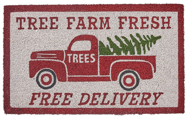 Our old time Tree Farm Doormat will liven up your entryway and add festive welcome to your home.  Features a classic old red truck delivering a Christmas tree!