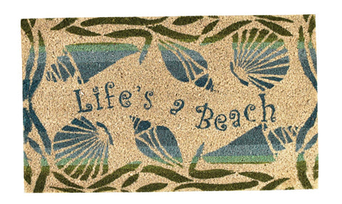 Our Life's a Beach Doormat will liven up your beach house entryway and add warm welcome to your home.  Features green and blue seaweed and sea shells with the words Life's a Beach.