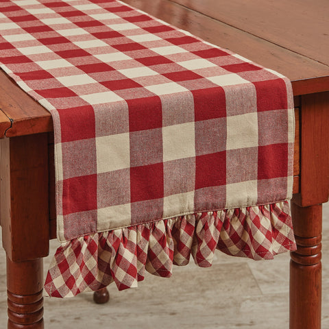 WICKLOW CHECK RUFFLED TABLE RUNNER 13X54 GARNET