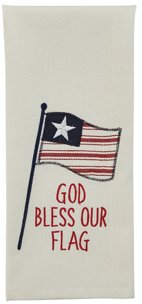 These God Bless Our Flag Applique Dishtowel will stylishly help you display your love for your country! Perfect for any kitchen to give  a patriotic look! This white towel has a red, white, and blue applique flag with the words God Bless Our Flag.  DIMENSIONS: 18" X 28" Quantity: 2