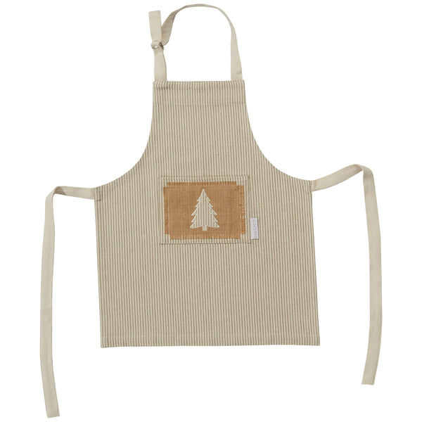 Modern Farmhouse Christmas Child Apron, a harmonious blend of rustic character and neutral seasonal visual appeal, perfectly complements the farmhouse Christmas decor style. Made with attention to detail in a soft cotton material, features a subtle stripe background in beige hues with a cut-out applique tree accented on a burlap patch cutlery pocket. Match your little Christmas chef in the kitchen with the Modern Farmhouse Christmas Adult Apron!