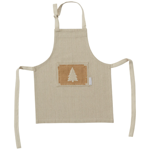 Modern Farmhouse Christmas Child Apron, a harmonious blend of rustic character and neutral seasonal visual appeal, perfectly complements the farmhouse Christmas decor style. Made with attention to detail in a soft cotton material, features a subtle stripe background in beige hues with a cut-out applique tree accented on a burlap patch cutlery pocket. Match your little Christmas chef in the kitchen with the Modern Farmhouse Christmas Adult Apron!