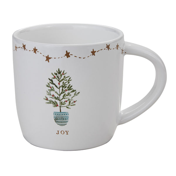 The Rustic Christmas Joy Mugs feature eye-catching rich tones of green, gold, and blue, with specks of red, on a candlelight white background! Pair with