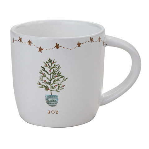 The Rustic Christmas Joy Mugs feature eye-catching rich tones of green, gold, and blue, with specks of red, on a candlelight white background! Pair with