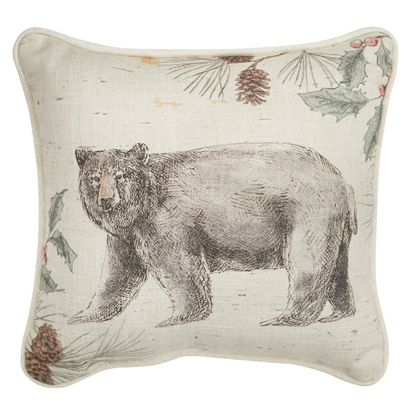 Add a beautiful accent to your holiday decor with the Wild and Beautiful Holiday Deer 10" Pillow! Featuring a charming bear and sprigs of pine, this pillow is sure to add holiday style to your home!  Colors: Candlelight White, Christmas Red, and Pine Green Dimensions: 10" W x 10" L Includes polyester fill