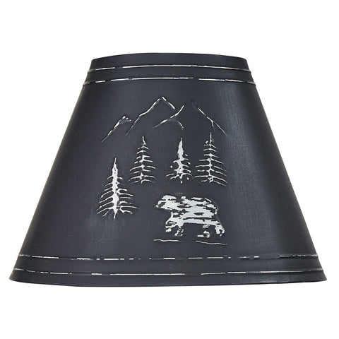 Black Bear Embossed Metal Lampshade features an embossed scene with a black bear strolling through the woods and mountains. The shade is crafted from metal, adding a rustic touch to your outdoorsy decor. Pair with the matching 10" lampshade and 14" lampshade to complete the ensemble! Check out our coordinating Black Bear Utensil Caddy and Black Bear Canisters, also!