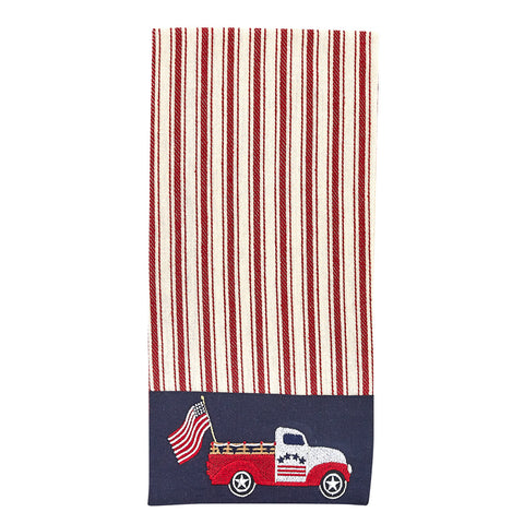 These Star Spangled Truck Embroidered Dishtowel (set of 2) will stylishly help you display your love for your country! Perfect for any kitchen to give  a patriotic look! Features red and White stripes with a patriotic truck displayed on blue at the end.  DIMENSIONS: 18" X 28" Quantity: 2