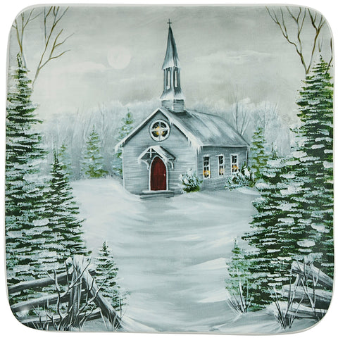 Add a calming and gorgeous touch to your holiday table with the All Is Calm Salad Plates, featuring a serene church in a winter forest! Complete the look with the coordinating mugs, spoon rest, oval platter, cookie jar, soap pump, and salt & pepper set!