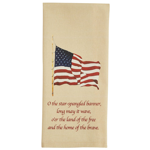 Star Spangled Banner Embroidered Dishtowel! Featuring an American flag and the words  "O the star-spangled banner, long may it wave, o'er the land of the free and the home of the brave." The towel is cream in color. This collection is a lovely tribute to our country that can be used not just on July 4th, but all year long!  DIMENSIONS: 18" X 28"