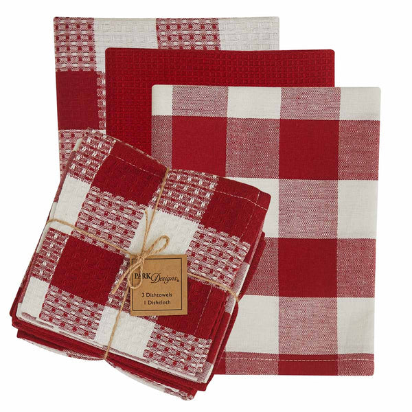 WICKLOW CHECK 3 DISHTOWEL/1 DISHCLOTH SET - RED/CREAM