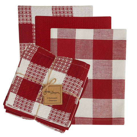 WICKLOW CHECK 3 DISHTOWEL/1 DISHCLOTH SET - RED/CREAM