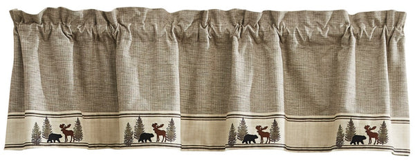The Wilderness Trail Valance brings a charming touch of the wilderness to your window and adds a rustic feel!  Taupe, Olde Brick Red, Briarwood Green & Chocolate