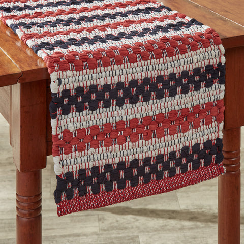 Liberty Chindi Table Runner 13'' X 54''! Woven in red, white and blue this runner will accent your patriotic table all year!  DIMENSIONS: 13" X 54"