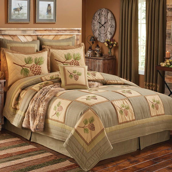 Add a splash of country flair to your quiet place with this Pineview King Quilt! The pine cone & bough motif take center stage amidst a quilted background, oozing outdoorsy appeal! Rest easy with this country-lovely sham! Complete the look with the Pineview King Bed Skirt and Pineview King Sham!