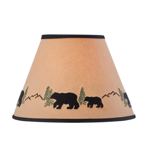 Black Bear Embroidered Shade features an embroidered scene with black bears strolling through the woods and mountains. The shade is crafted from 100% cotton fabric over an opaque backing which is hand trimmed and sewn and has a washer fitting for use with a harp and finial. A perfect addition to a rustic or country home.