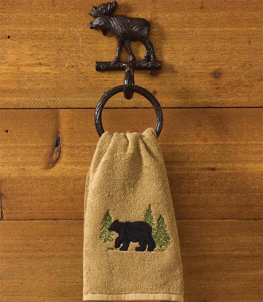 Our Moose and Bear metal items have been so popular, we added Cast Moose Towel Ring Hook. Featuring great detail with a brown burl finish, these additions offer the perfect complement to our wide array of lodge bath accessories.