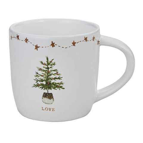 The Rustic Christmas Love Mugs feature eye-catching rich tones of green, gold, and brown, with specks of red, on a candlelight white background! Pair with the Joy and Peace Mugs to complete your look (as pictured / each sold separately).