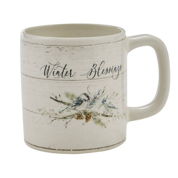 Bring the celebration and magic of the season to your kitchen decor with the Winter Blessings Mugs! The mugs depict a gorgeous bird scene and feature charming lettering! Sure to charm your guests!