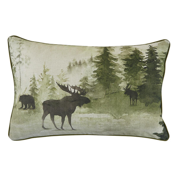 This  Watercolor Wildlife Pillow offers a beautiful outdoorsy appeal! Featuring a muted blend of grays and greens that work together to create a scene of animals in their natural habitats, this pillow is sure to bring the rugged outdoors in! Pair with the coordinating table runner, doormat, valance, napkins, and dishtowels for a complete look!