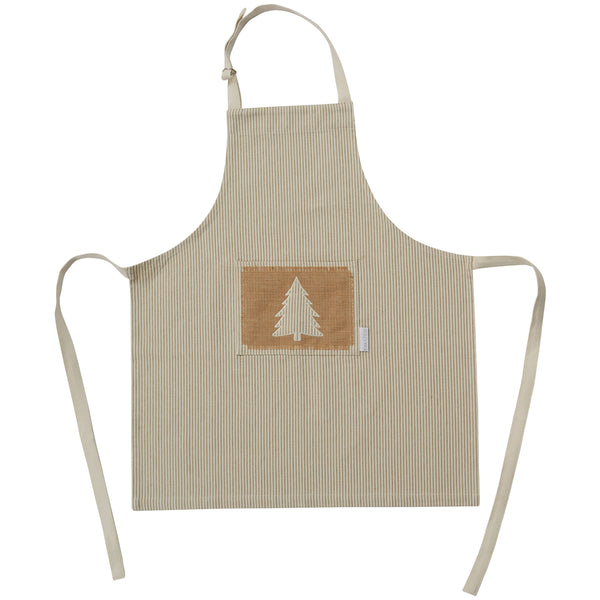 Modern Farmhouse Christmas Adult Apron, a harmonious blend of rustic character and neutral seasonal visual appeal, perfectly complements the farmhouse Christmas decor style. Made with attention to detail in a soft cotton material, features a subtle stripe background in beige hues with a cut-out applique tree accented on a burlap patch cutlery pocket.