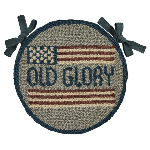 Old Glory Hooked Chair Pad - Set of 2! Mimicking Old Glory herself, they epitomizes the American flag in all her glory! Enhance your dining experience with the beloved red, white & blue...not just on July 4th, but all year long!  Specifications  Colors: Darkest Navy, Patriotic Red & White DIMENSIONS: 14.5" Diameter