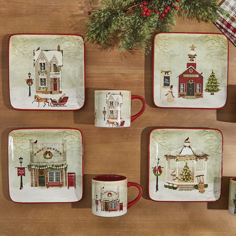 Add traditional charm to your holiday table with the Vintage Town Square Salad Plates! Featuring images of a vintage home, school, post office, and church, these plates are sure to make meals memorable! Complete the look with the Vintage Town Square Mugs (as pictured / sold separately).