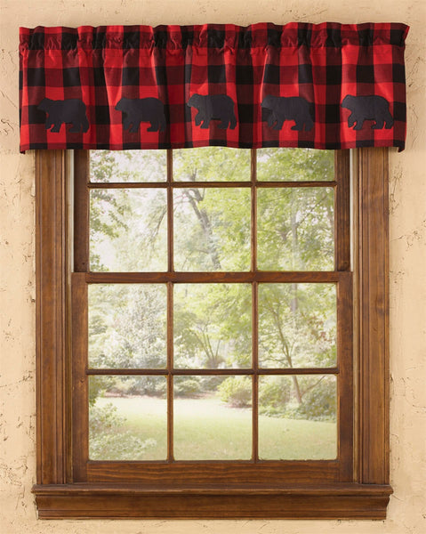 We've addressed the popular red and black color story with a traditional buffalo check and classic black bear motif accents to create a fresh option for our extensive lodge offering. Red and black buffalo checks are vintage and cutting edge country decor at the same time! The bold simple check on this Buffalo Check Bear Lined Valance will add a farmhouse style flair to your home. Also available are the coordinating placemats, napkins, and the entire Buffalo Check Home Decor collection!