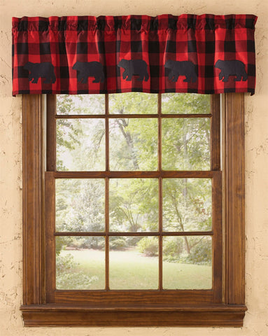 We've addressed the popular red and black color story with a traditional buffalo check and classic black bear motif accents to create a fresh option for our extensive lodge offering. Red and black buffalo checks are vintage and cutting edge country decor at the same time! The bold simple check on this Buffalo Check Bear Lined Valance will add a farmhouse style flair to your home. Also available are the coordinating placemats, napkins, and the entire Buffalo Check Home Decor collection!