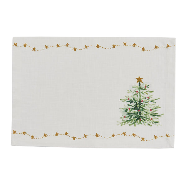 The Rustic Christmas Trees Placemats- Stars features eye-catching rich tones of green, gold, and candlelight white, to bring the beautiful outdoors into your holiday decor! Pair with the matching Table Runner to complete your look.