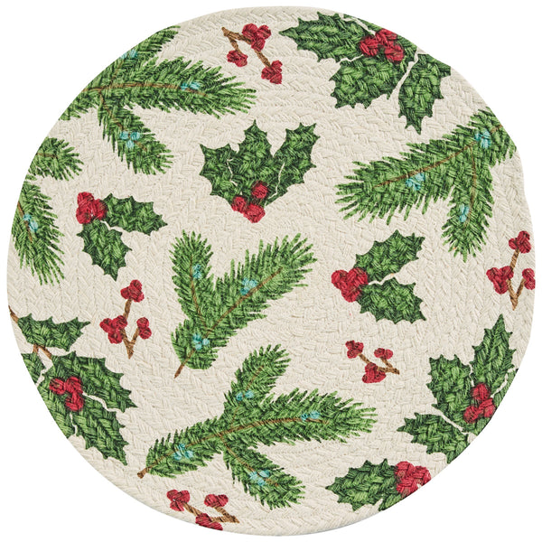 Boughs of Holly Printed Braided Placemat 15" Round (Set of 6)
