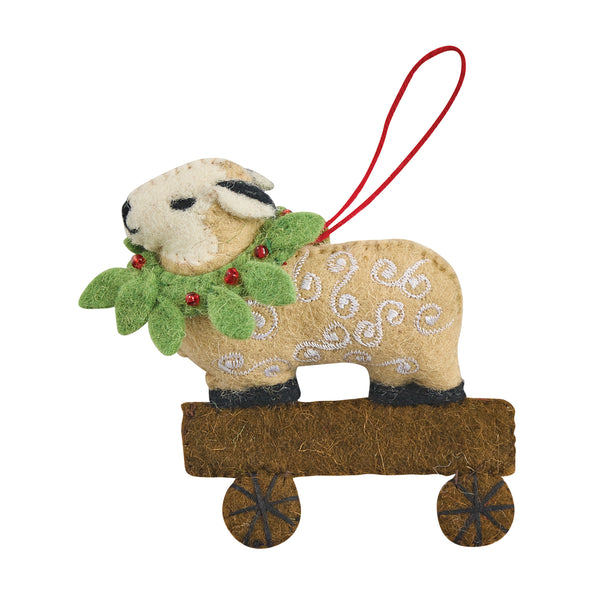 Sheep with Wreath Felt Ornaments on Wagon – Set of 4, 5" x 4.5"