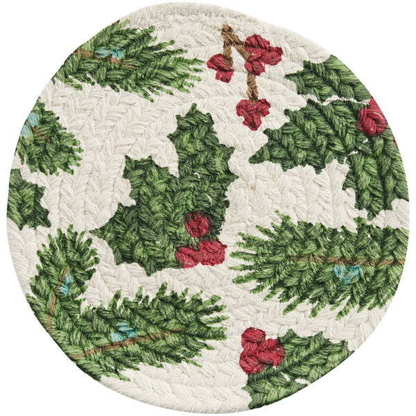 Boughs of Holly Printed Braided Trivet 8"  (Set of 6)