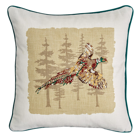 Add the Gamekeeper Pheasant Embroidered Pillow for a charming touch to any room in your home! Featuring a majestic colorful pheasant flying through the wilderness, this pillow is sure to bring the outdoors into your home in a stylish way!