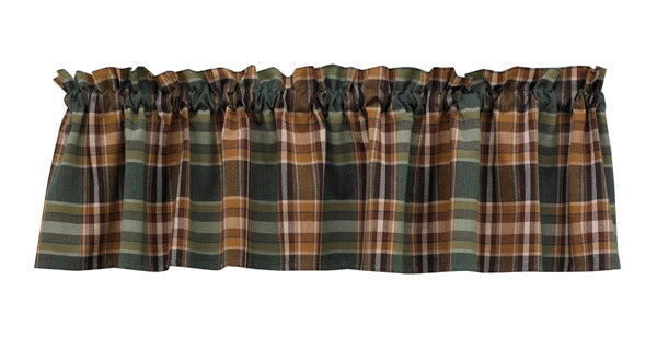 The Wood River Valance spruces up any window! Featuring a savory blend of chocolate, tan & green tones in a pretty plaid, it oozes country charm! Perfect on their own, or pair with coordinating tiers for a more striking appeal!