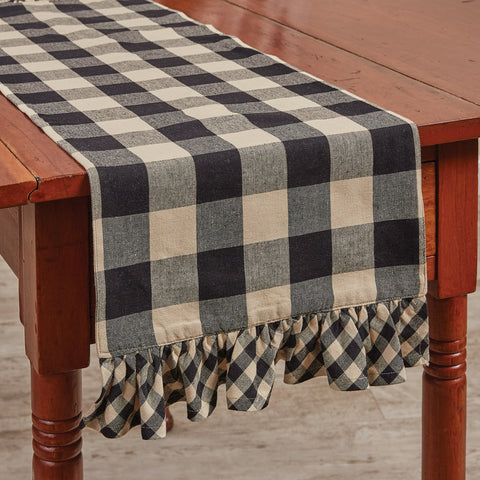 WICKLOW CHECK RUFFLED TABLE RUNNER 13X42 BLACK