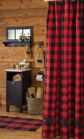 Buffalo Check creates a bold, warm, whimsical look and compliments several styles of country decor, from farmhouse decor to lodge decor! This 72" 100% cotton Buffalo Check Bear Applique Shower Curtain will work all year round, but is especially fun at Christmas time.