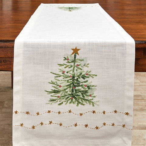 The Rustic Christmas Stars Table Runner features eye-catching rich tones of green and gold, with specks of red, on a candlelight white background! Pair with the matching napkins and placemats, as well as the coordinating Trees placemats and table runner (each sold separately) to complete your look.