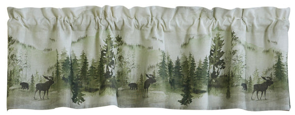 This Watercolor Wildlife Valance offers a beautiful outdoorsy appeal! Featuring a muted blend of grays and greens that work together to create a scene of animals in their natural habitats, this valance is sure to bring the rugged outdoors in! 