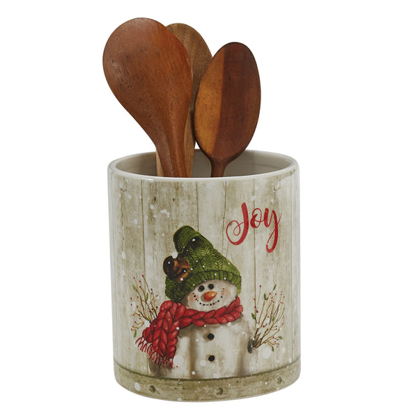 Store your utensils in whimsical style with the Farmhouse Snowman Utensil Crock, featuring a cute snowman among snowflakes with a charming "Joy" saying, this utensil crock is perfect for your winter country kitchen decor! This whimsical and stylish utensil crock adds a fun touch to your winter kitchen or table decor. Whether celebrating with family, friends, or both, the cheerful snowman is sure to bring happiness to any gathering.