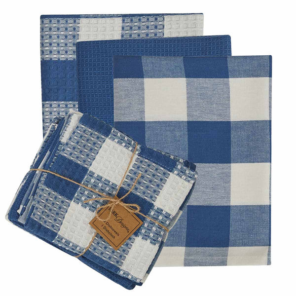 WICKLOW CHECK 3 DISHTOWEL/1 DISHCLOTH SET - CHINA BLUE