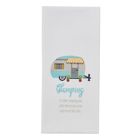 Show your love of camping life with this Glamping Like Camping Printed Dishtowel!  You'll love this white towel with  the image of a retro camper and the words Glamping, Its Like Camping But With Electricity, Wine And Much Less Dirt.