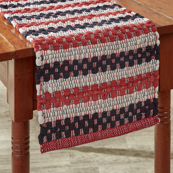 Liberty Chindi Table Runner 36"L! Woven in red, white and blue this runner will accent your patriotic table all year!  DIMENSIONS: 13" X 36"