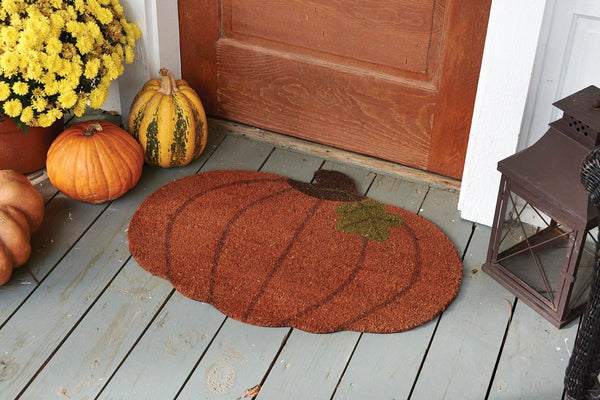 Our Pumpkin Doormat will liven up your entryway and add warm fall welcome to your home. This doormat is in the shape of a large pumpkin with stem and vine.