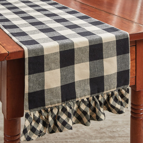 WICKLOW CHECK RUFFLED TABLE RUNNER 13X54 BLACK